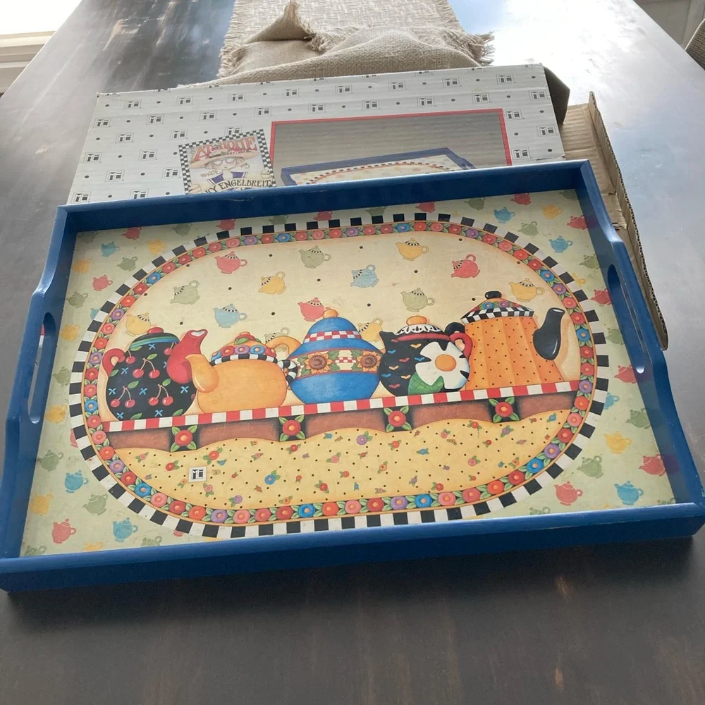 Mary Engelbreit serving tray with colorful teapots. - Picture 2 of 8